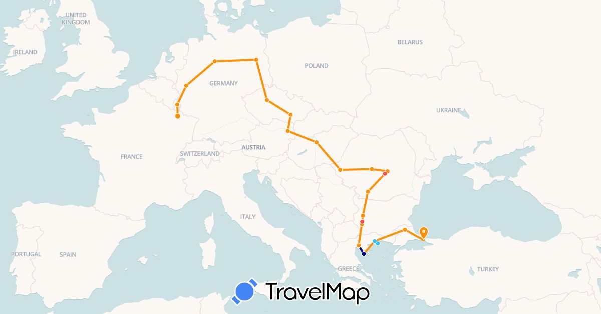 TravelMap itinerary: driving, hiking, boat, hitchhiking in Austria, Bulgaria, Czech Republic, Germany, France, Greece, Hungary, Luxembourg, Romania, Turkey (Asia, Europe)